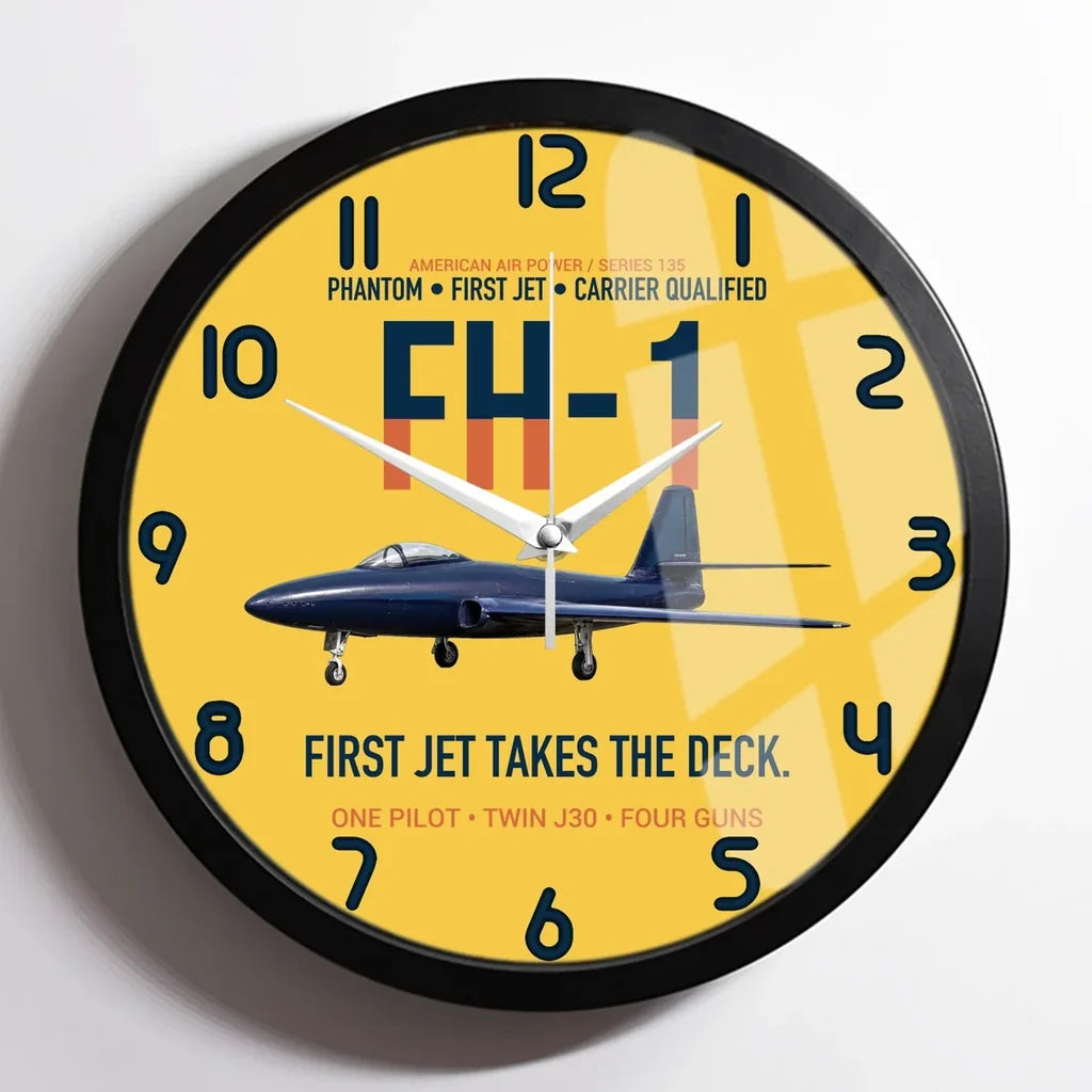 FH-1 Phantom First Jet Takes the Deck design on yellow framed wall clock
