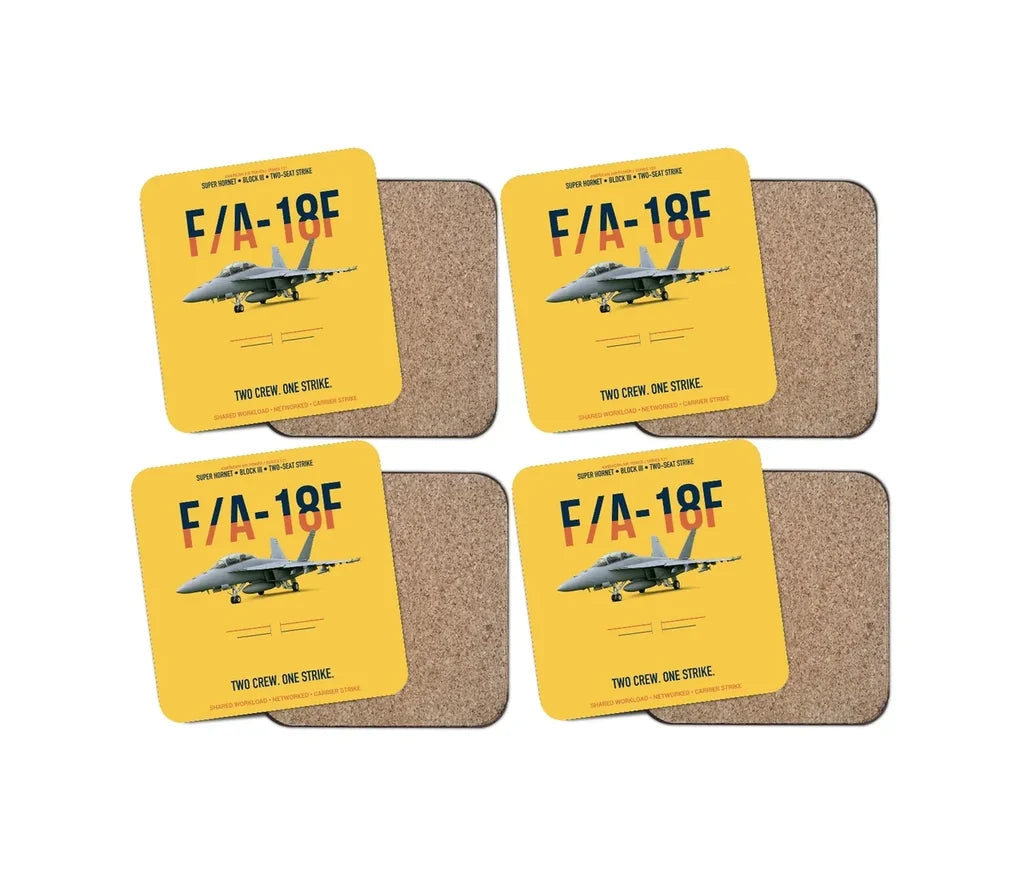 F-A-18F Super Hornet Block III Two Crew One Strike design on yellow 4 pieces set coaster