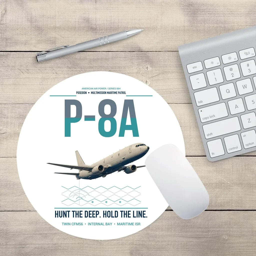 P-8A Poseidon design on white round mouse pad