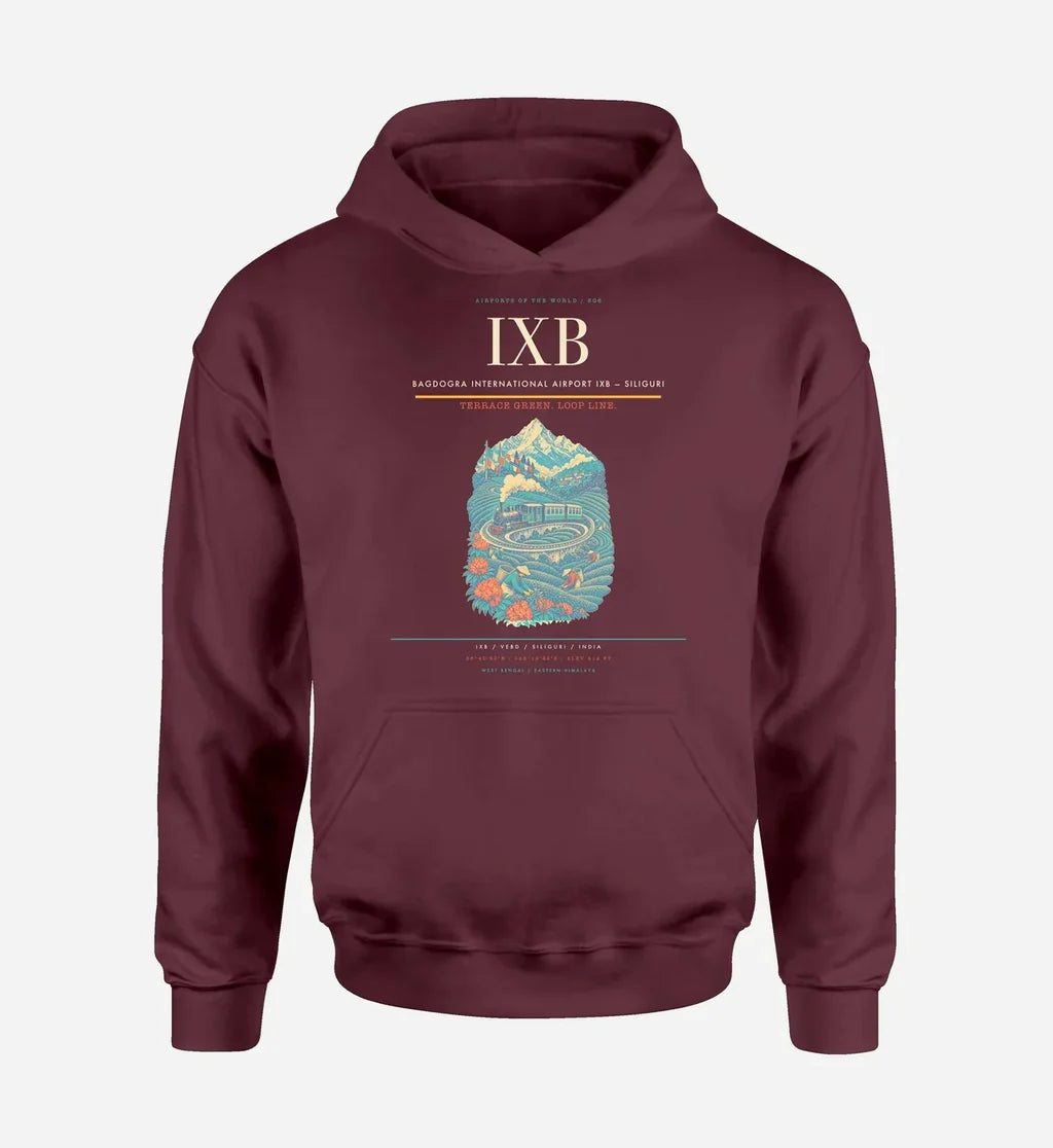 Bagdogra International Airport (IXB) design on dark red hoodie single-side print