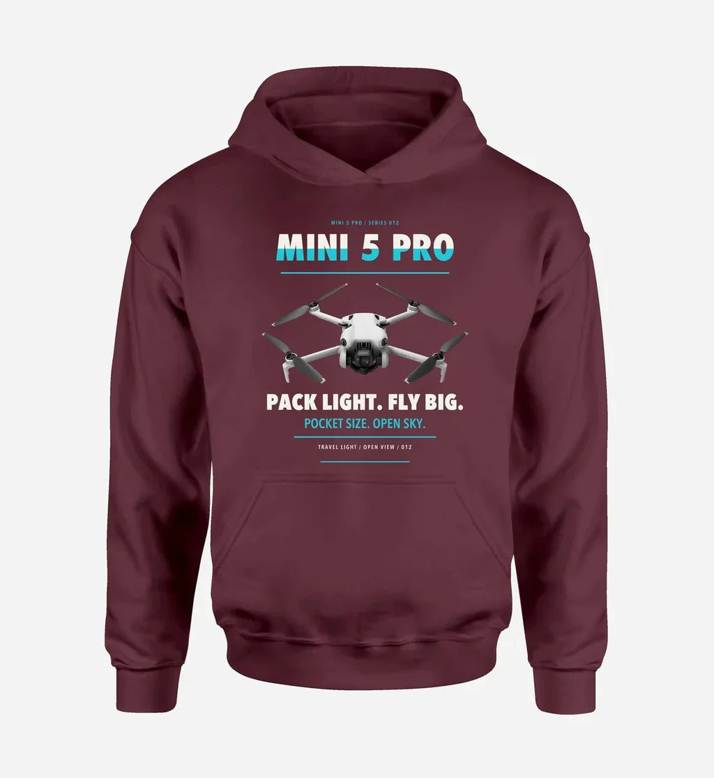 DJI Mini 5 Pro design on dark red hoodie single side
