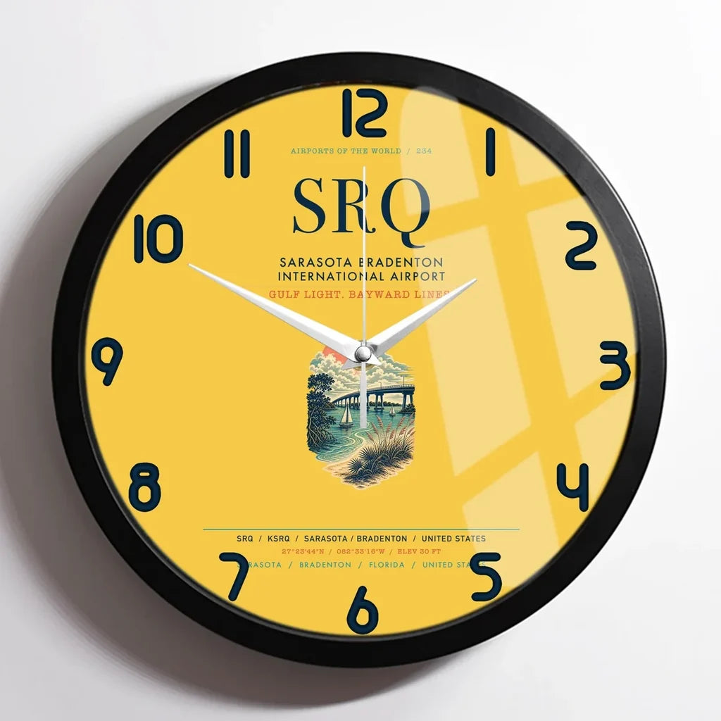 Sarasota Bradenton International Airport (SRQ) design on yellow framed wall clock