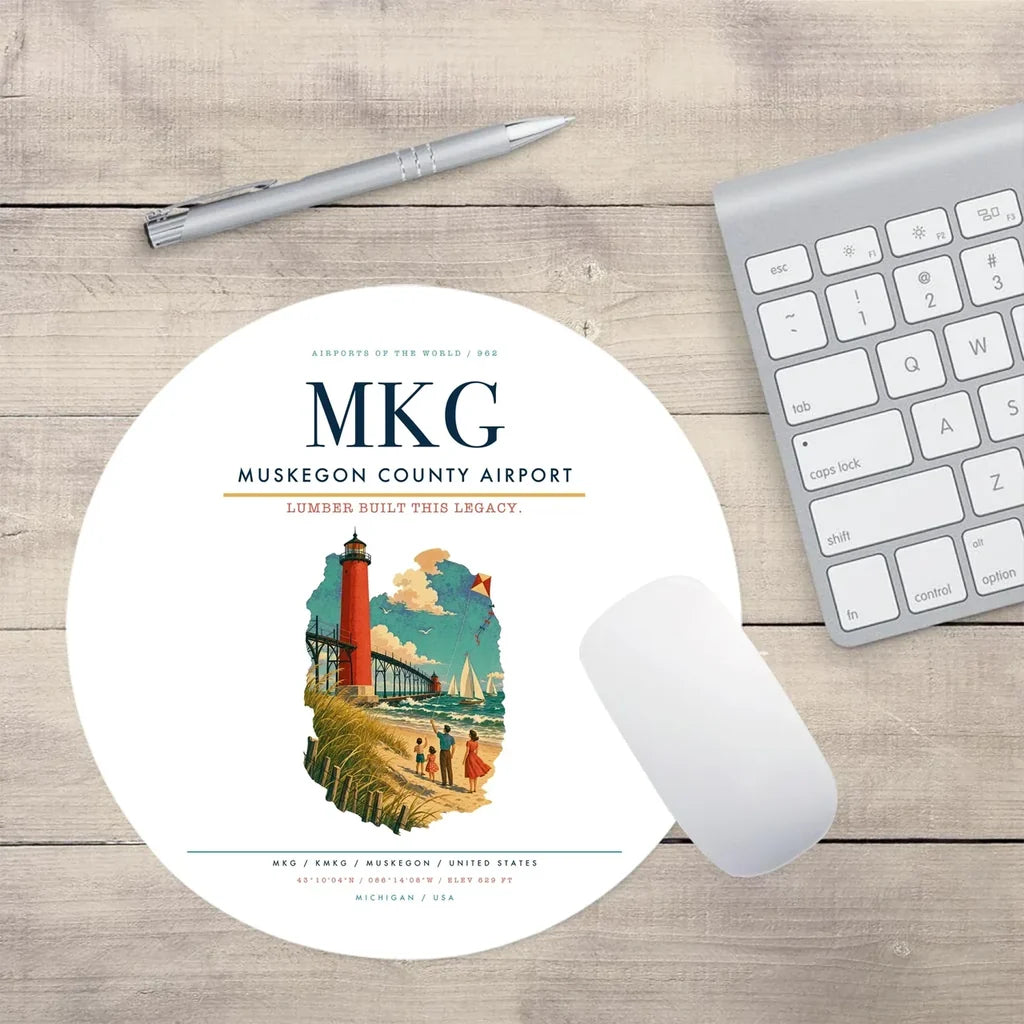 Muskegon County Airport (MKG) design on white round mouse pad