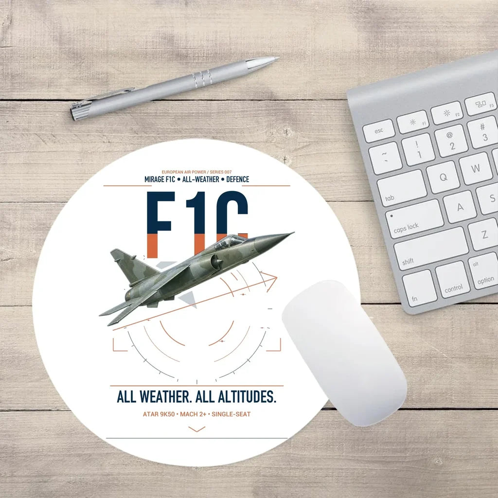 Dassault Mirage F1C design on white round mouse pad