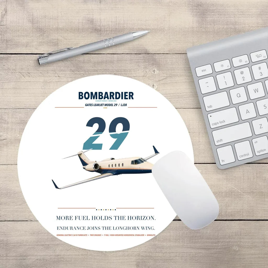 Bombardier Learjet 29 design on white round mouse pad
