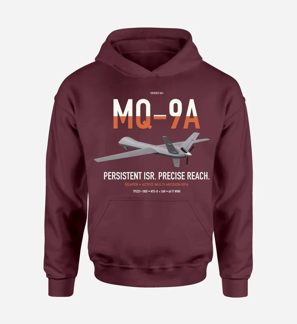 MQ-9A Reaper design on dark red double-side hoodie, single-side print