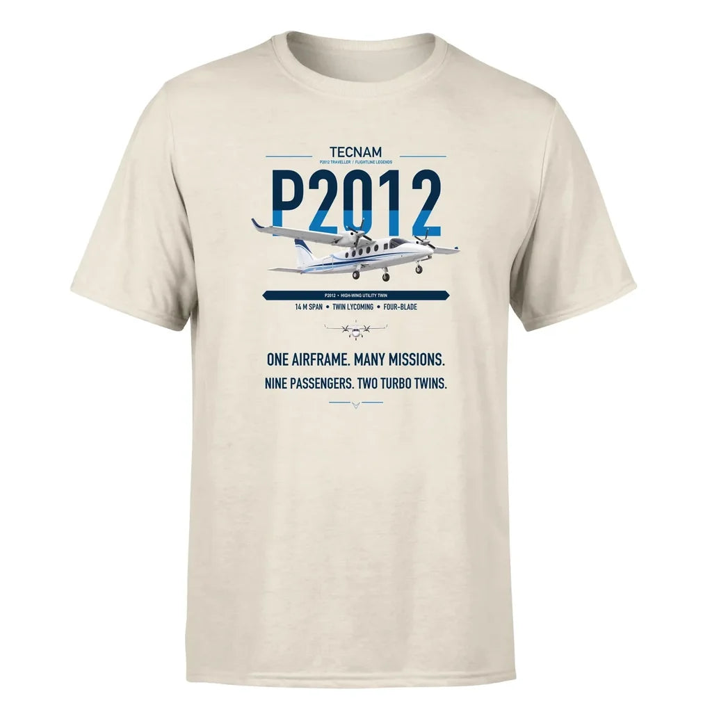 Tecnam P2012 Traveller design on beige t-shirt, single-side print