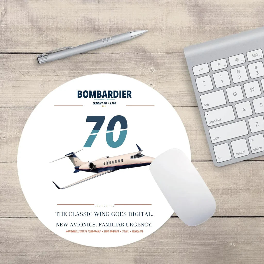 Bombardier Learjet 70 design on white round mouse pad