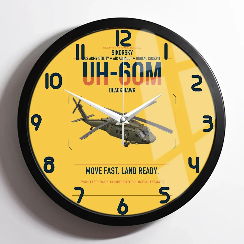 Sikorsky UH-60M Black Hawk design on yellow framed wall clock