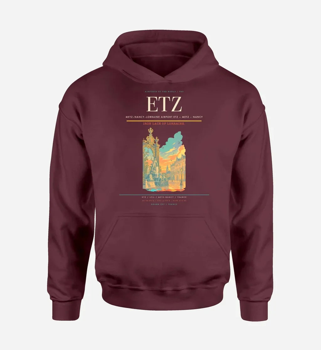 Metz–Nancy–Lorraine Airport (ETZ) design on dark red hoodie single-side print