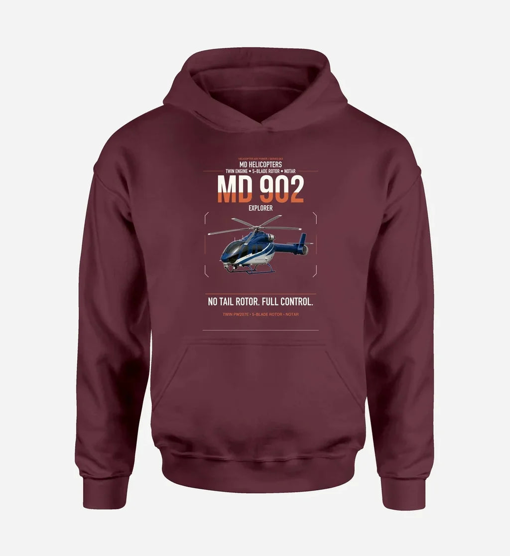 MD Helicopters MD 902 Explorer design on dark red double-side hoodie, single-side print