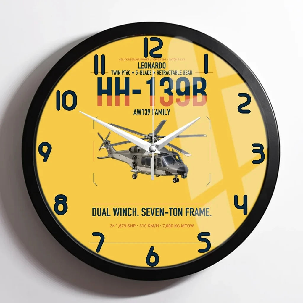 Leonardo HH-139B design on yellow framed wall clock