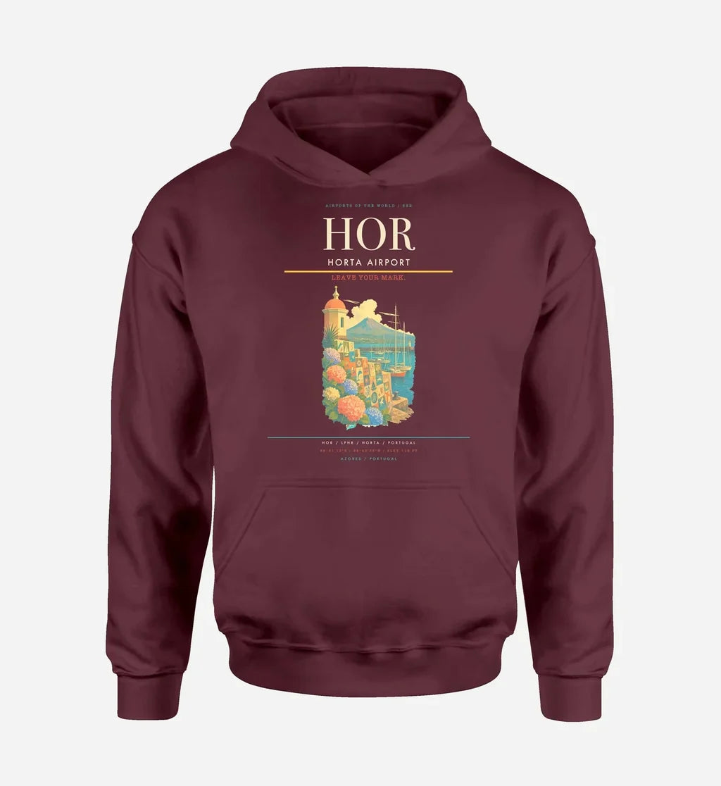 Horta Airport (HOR) design on dark red hoodie single-side print