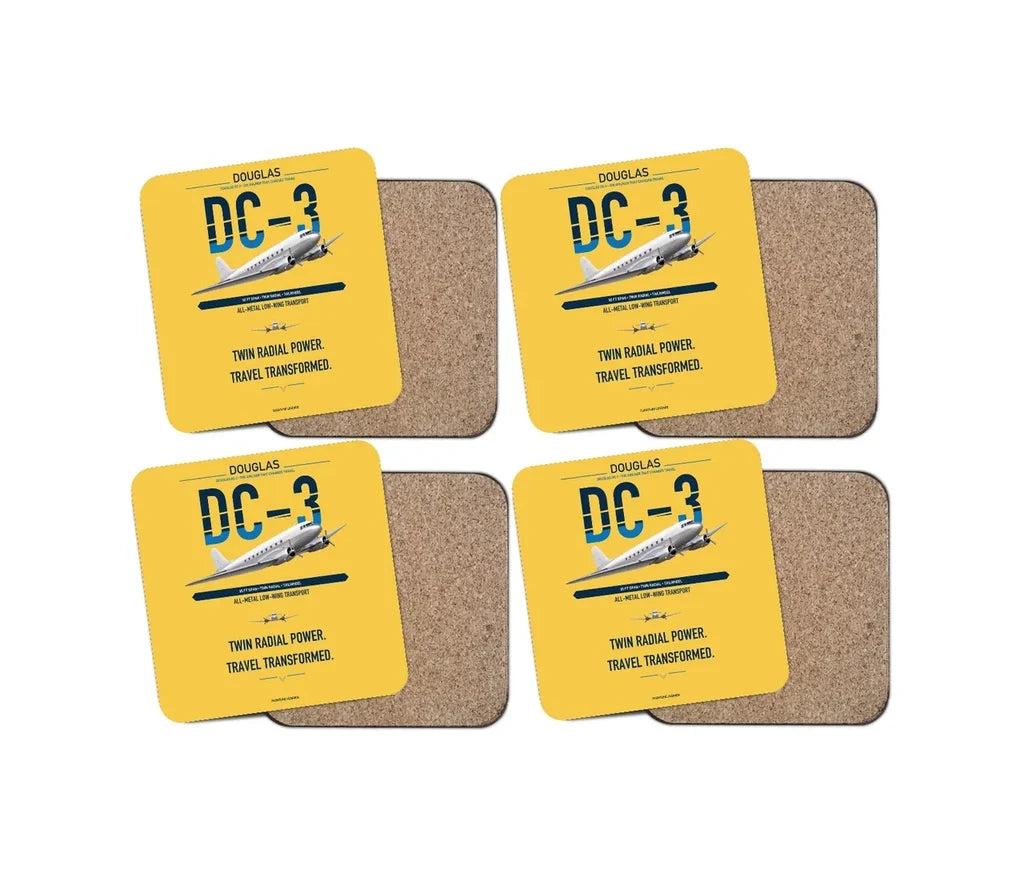 Douglas DC-3 design on yellow 4 pieces set coaster
