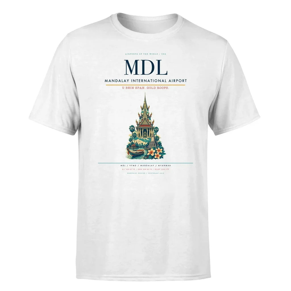 Mandalay International Airport (MDL) T-Shirt single-side front print in White | mandalay-international-airport-mdl-double-side-t-shirt