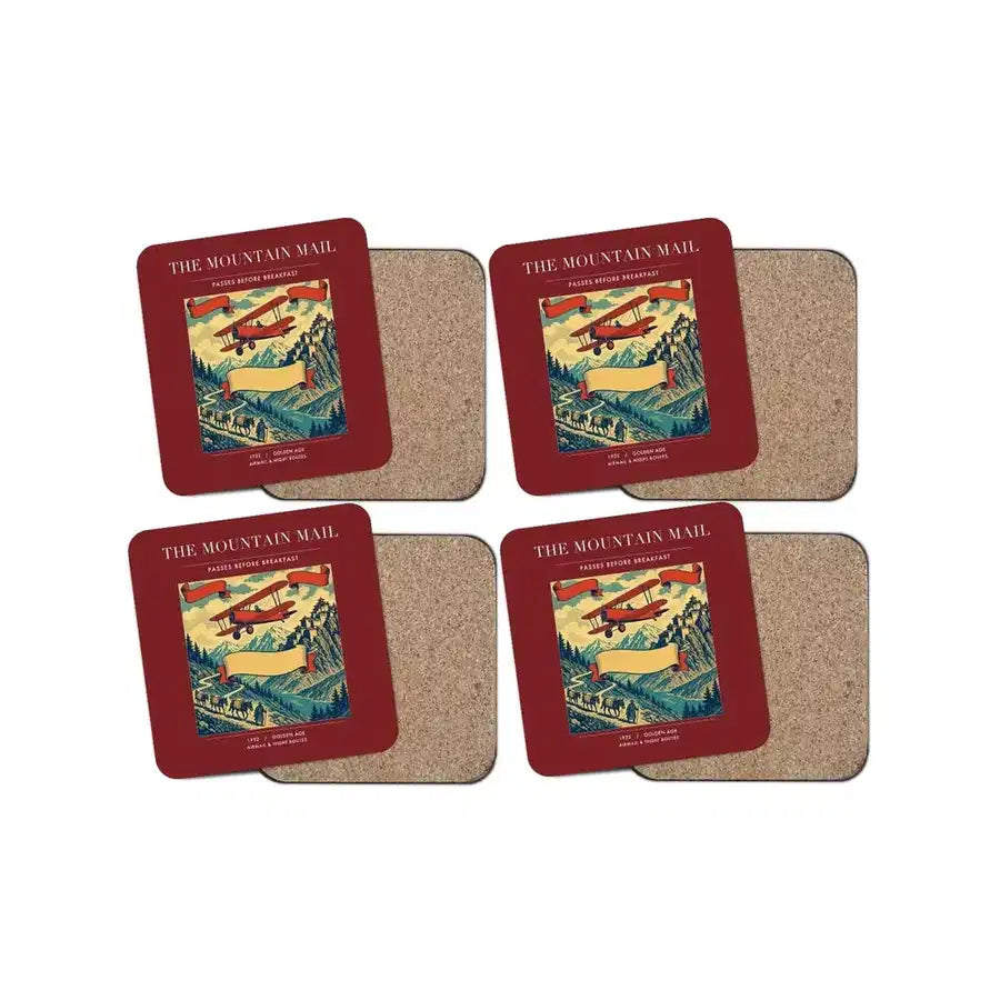 The Mountain Mail - Designed Coasters design on dark red 4-pieces-set