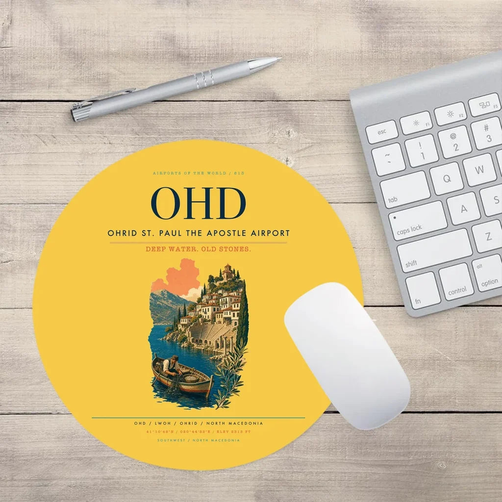 Ohrid St. Paul the Apostle Airport (OHD) design on yellow round mouse pad