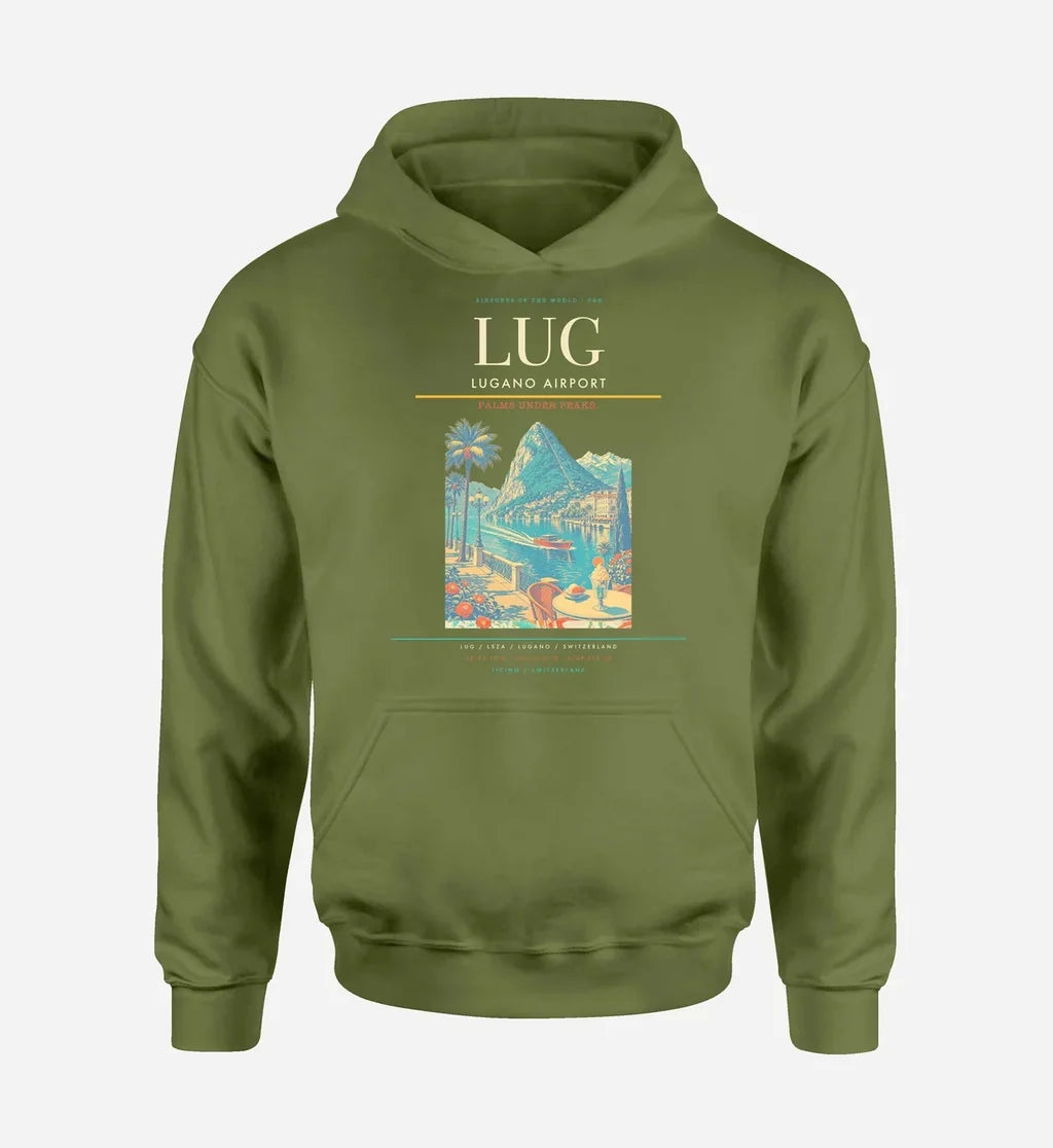 Lugano Airport (LUG) design on green army hoodie single-side print