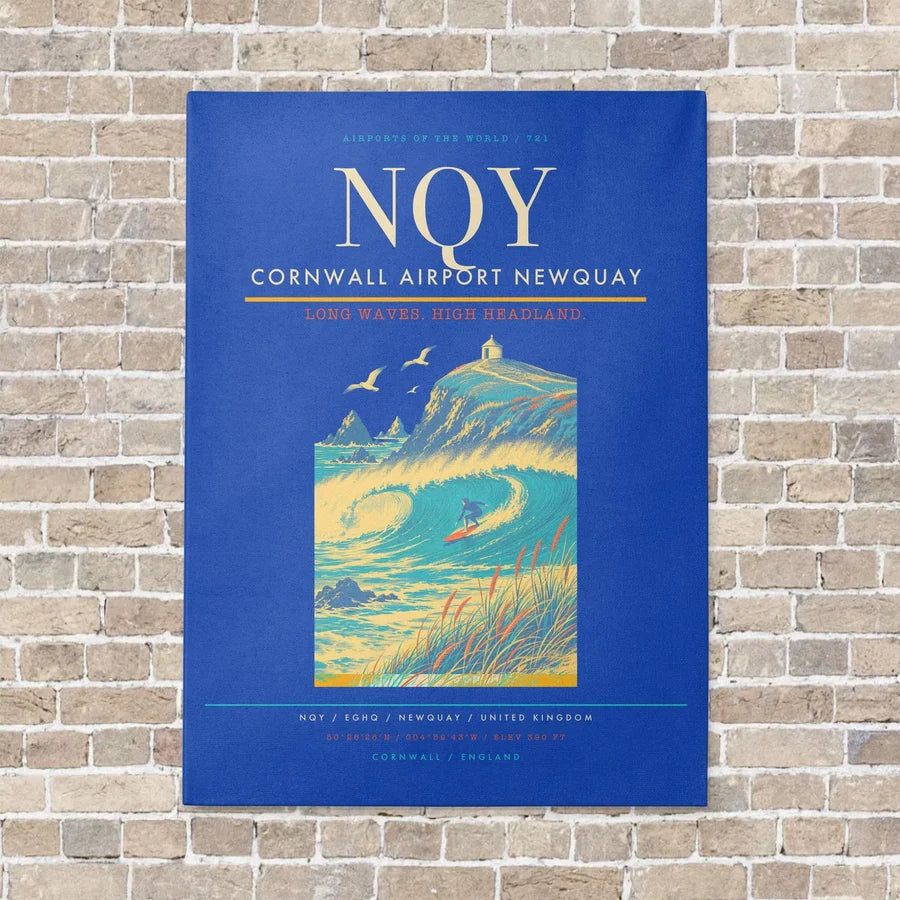 Cornwall Airport Newquay NQY vertical canvas print - no frame - blue background