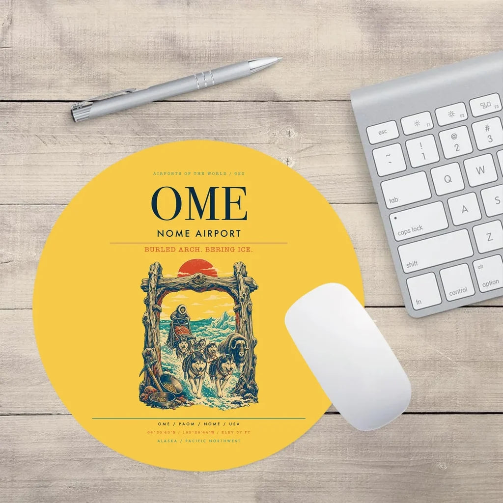 Nome Airport (OME) design on yellow round mouse pad