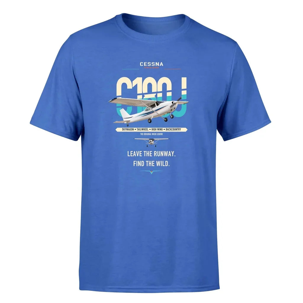 Cessna 180J Skywagon design on blue t-shirt, single-side print
