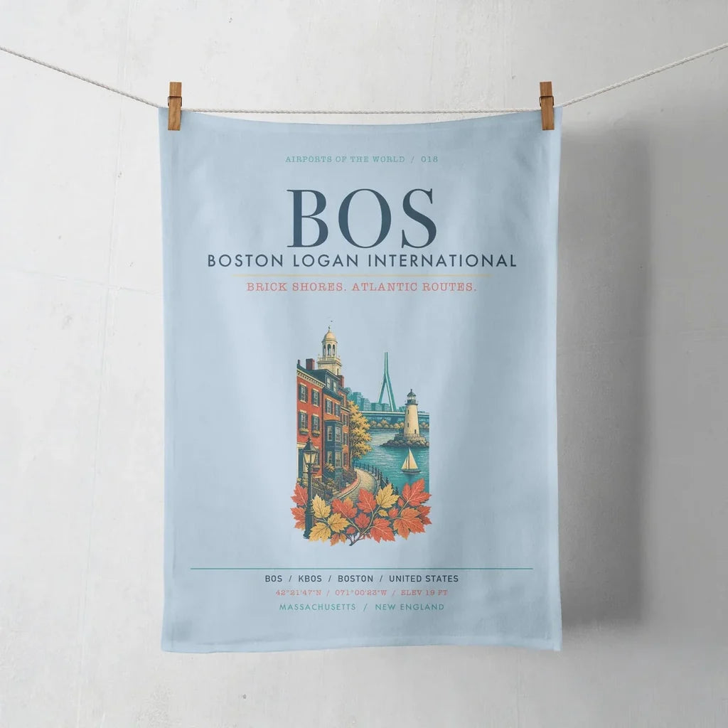 Boston Logan International Airport (BOS) design on light blue towel
