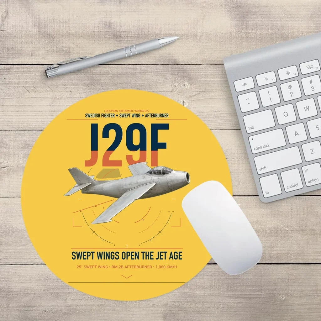 Saab J 29F Tunnan design on yellow round mouse pad