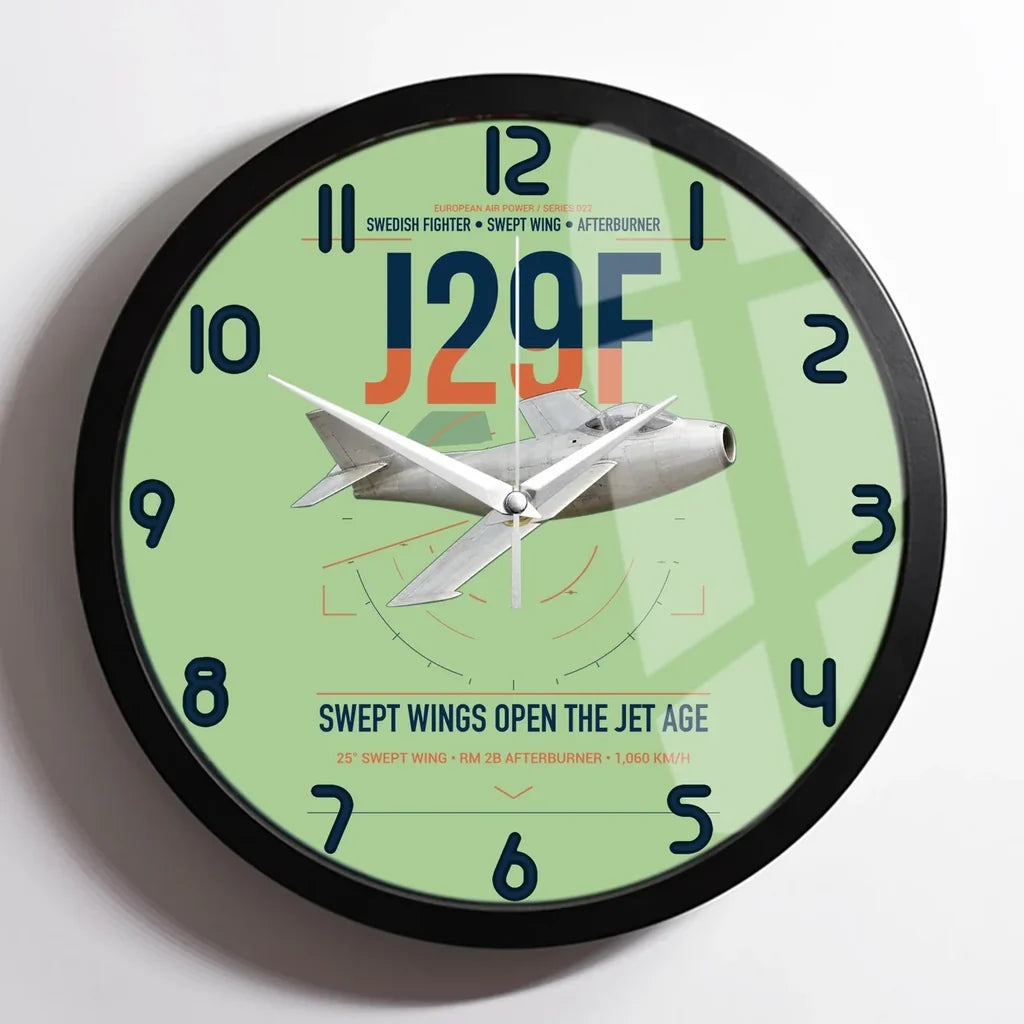 Saab J 29F Tunnan design on light green framed wall clock