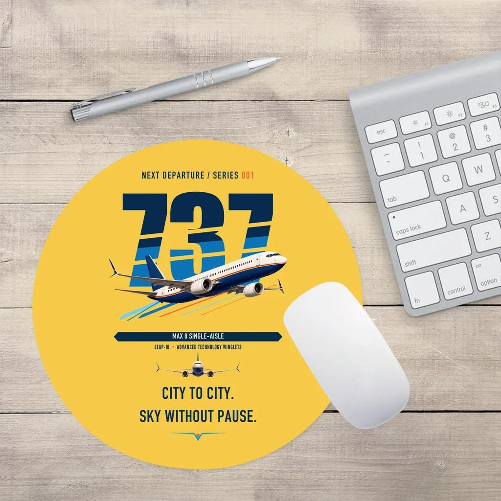 Boeing 737 MAX 8 design on yellow round mouse pad