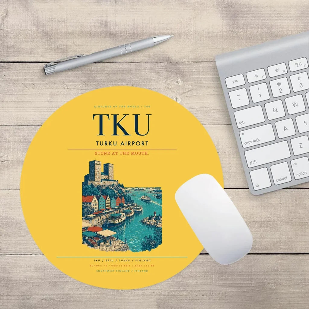 Turku Airport (TKU) design on yellow round mouse pad