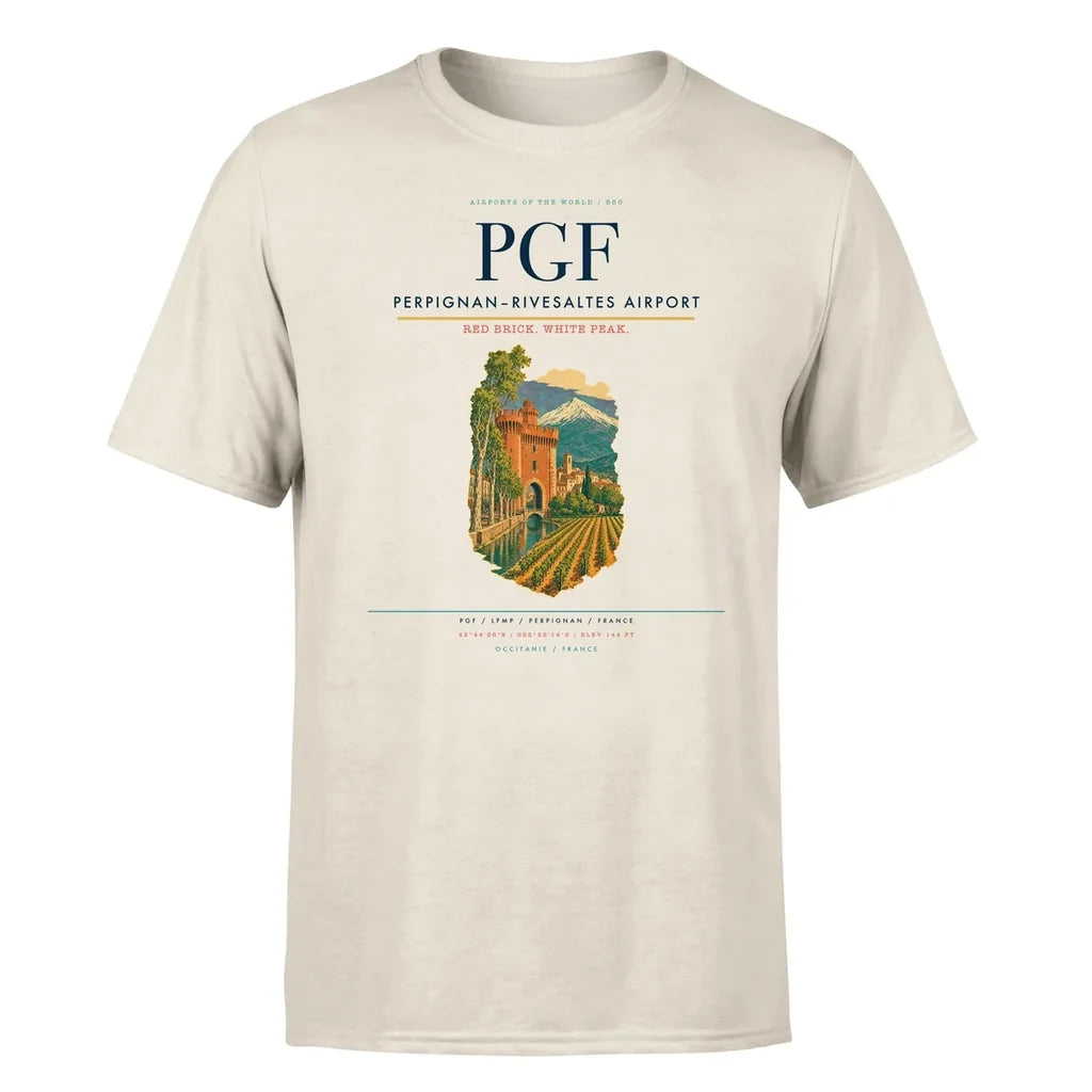 Perpignan–Rivesaltes Airport (PGF) T-Shirt single-side front print in Beige | perpignanrivesaltes-airport-pgf-double-side-t-shirt