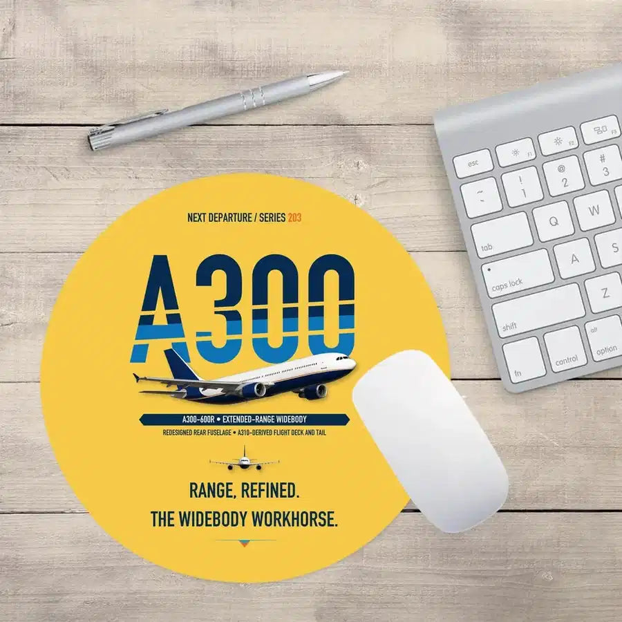 Airbus A300-600R design on yellow round mouse pad