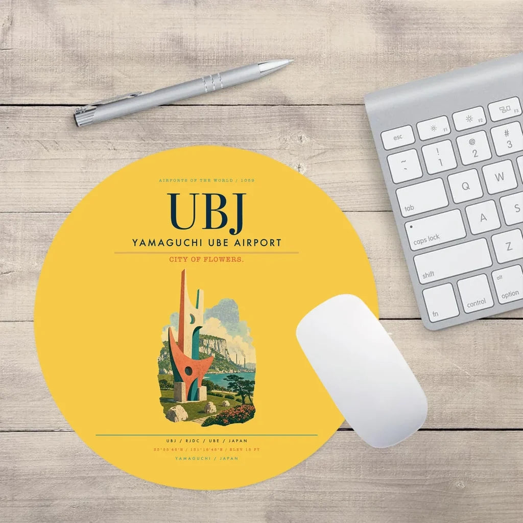 Yamaguchi Ube Airport (UBJ) design on yellow round mouse pad