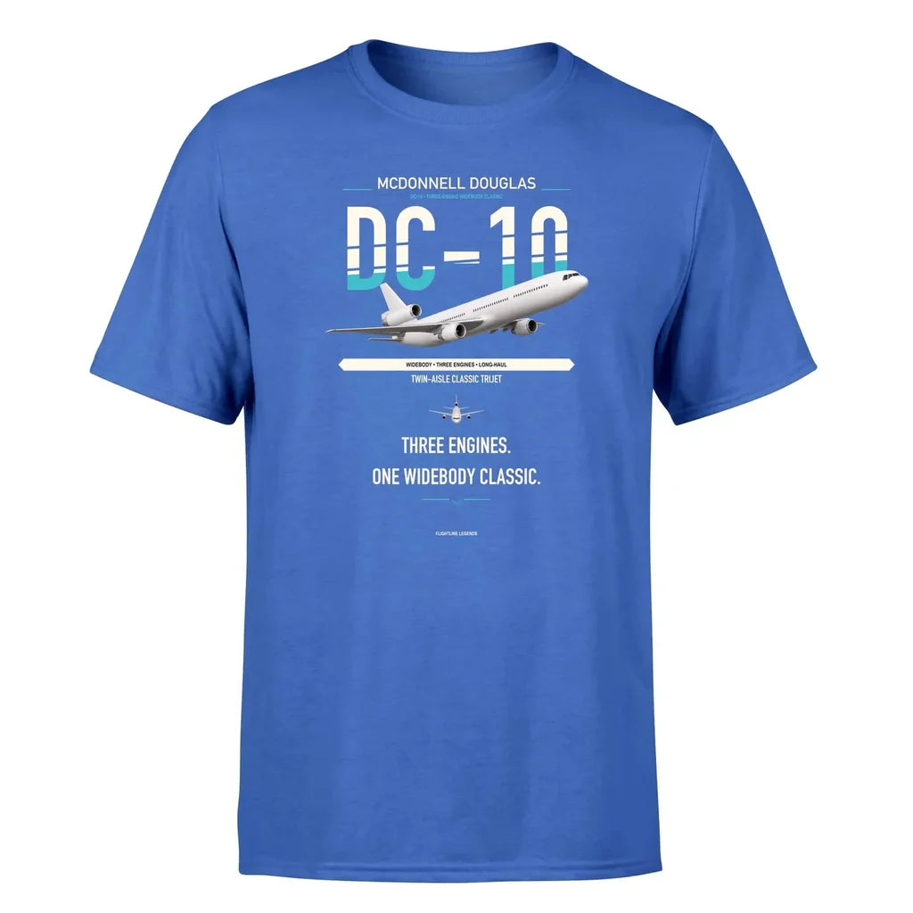 McDonnell Douglas DC-10 design on blue double-side t-shirt, single-side print