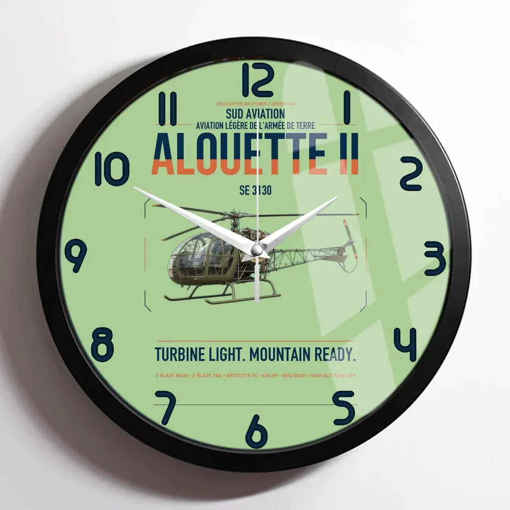 Sud Aviation SE 3130 Alouette II design on light green framed wall clock
