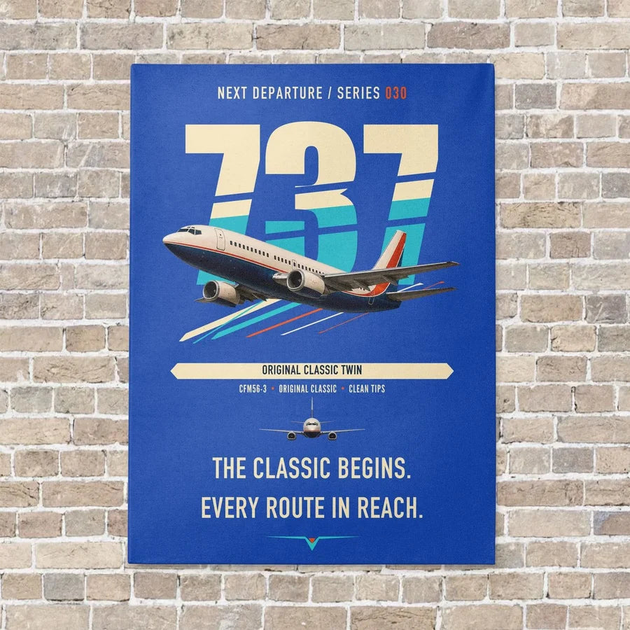 Boeing 737-300 Classic vertical canvas print - no frame - blue background