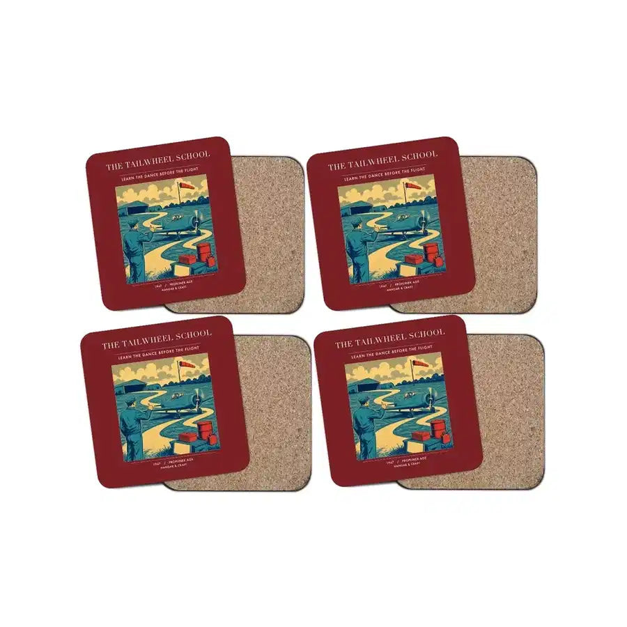 The Tailwheel School - Designed Coasters design on dark red 4-pieces-set