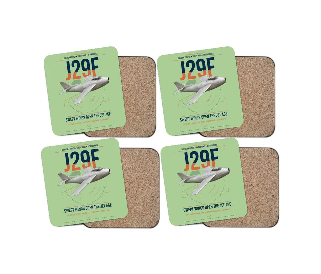 Saab J 29F Tunnan design on light green 4 pieces set coaster