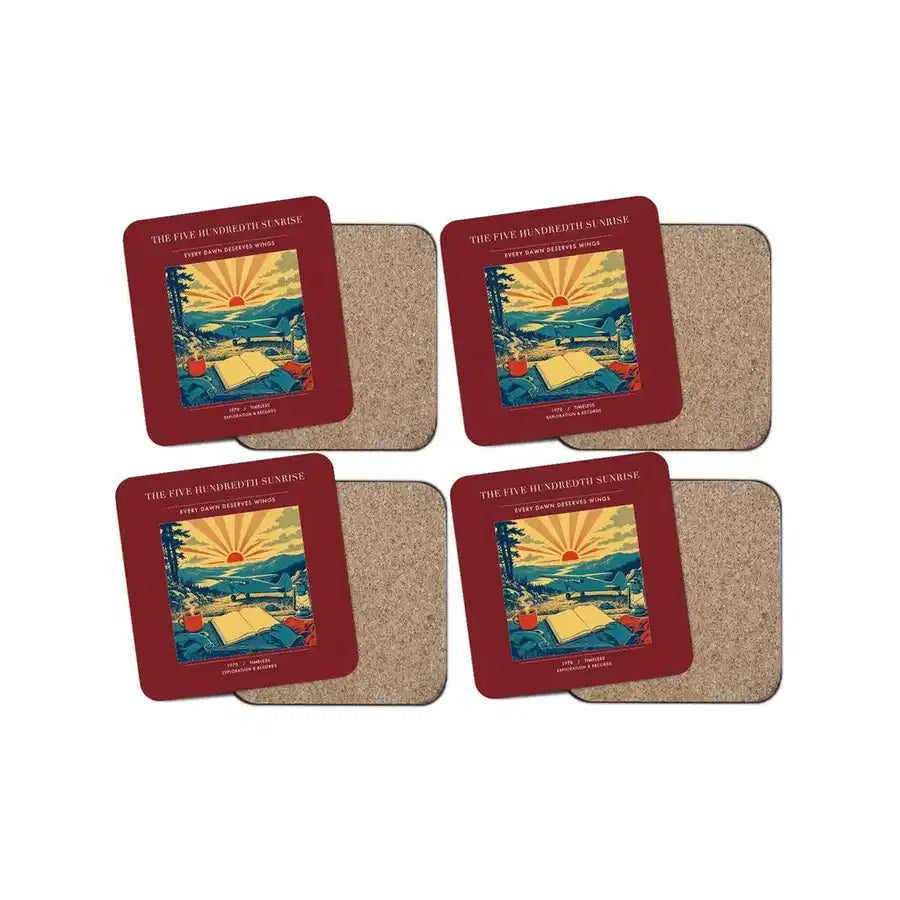 The Five Hundredth Sunrise - Designed Coasters design on dark red 4-pieces-set
