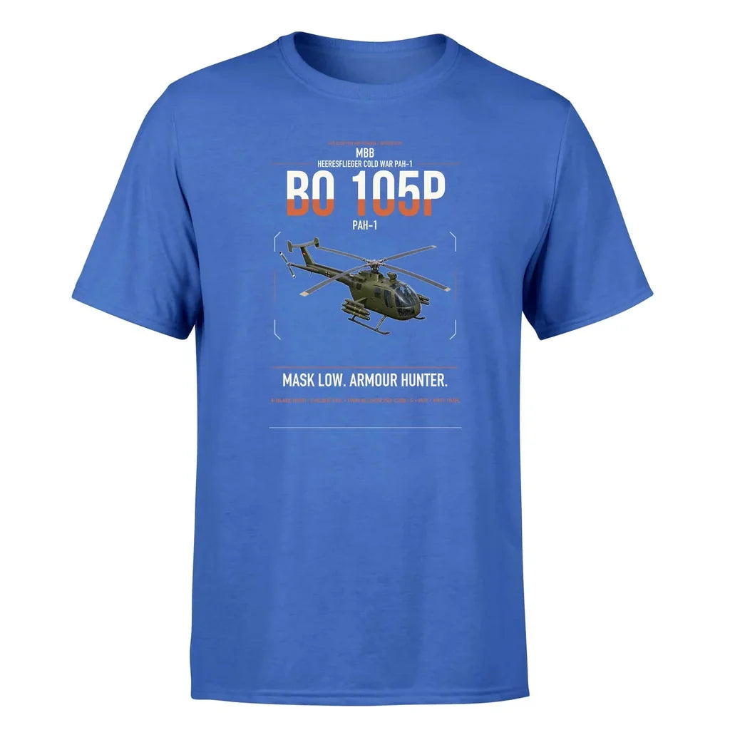 MBB BO 105P PAH-1 design on blue t-shirt, single-side print