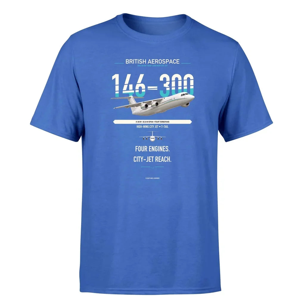 BAe 146-300 design on blue double-side t-shirt, single-side print