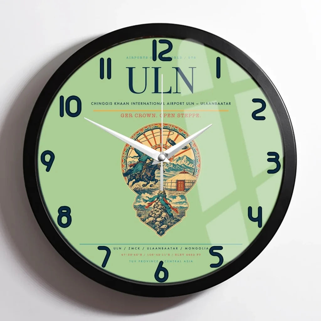 Chinggis Khaan International Airport (ULN) design on light green framed wall clock