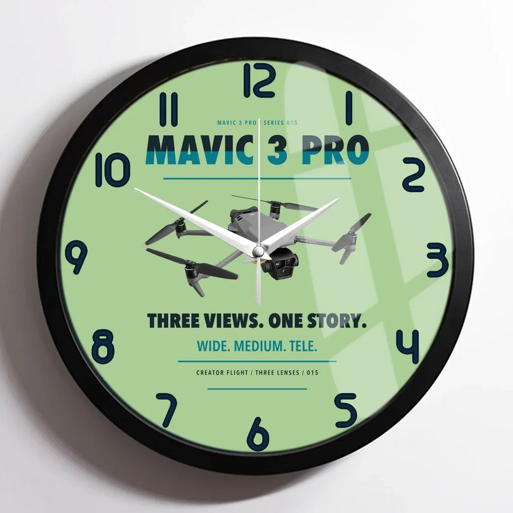 DJI Mavic 3 Pro design on light green framed wall clock