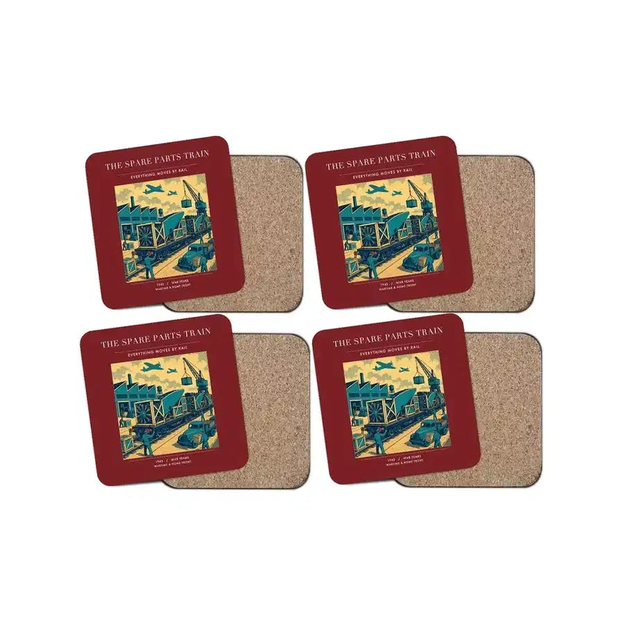 The Spare Parts Train - Designed Coasters design on dark red 4-pieces-set