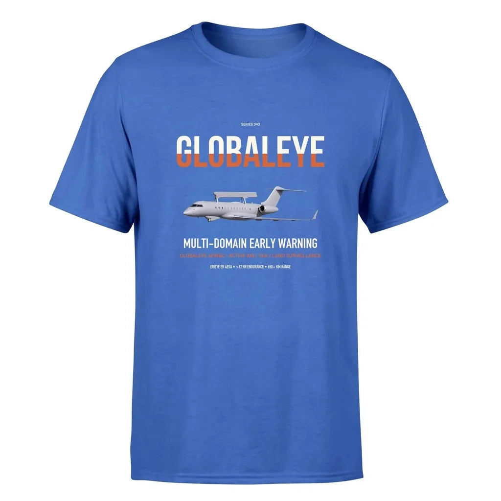 Saab GlobalEye design on blue double-side t-shirt, single-side print