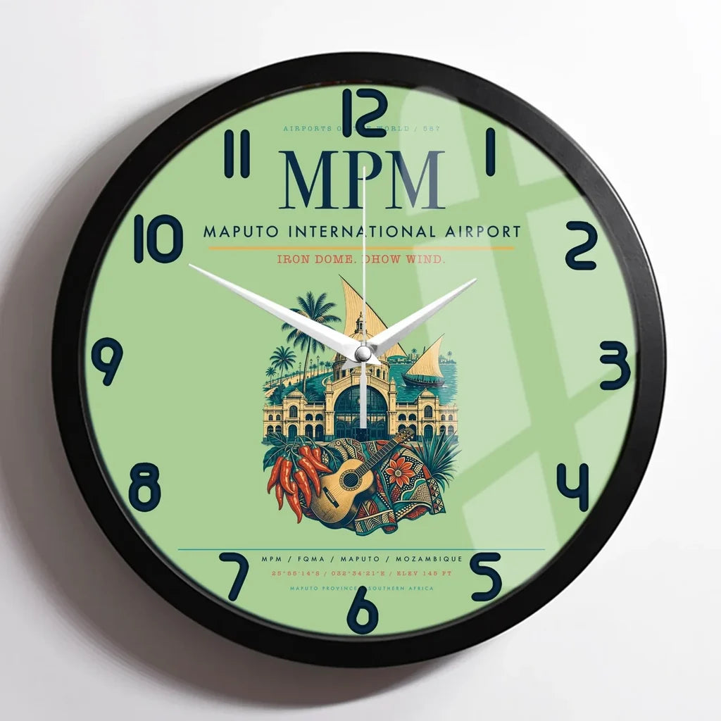 Maputo International Airport (MPM) design on light green framed wall clock