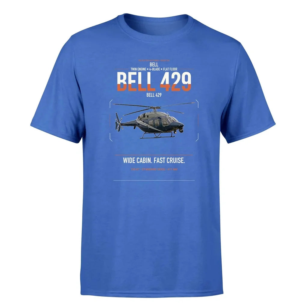 Bell 429 design on blue t-shirt, single-side print