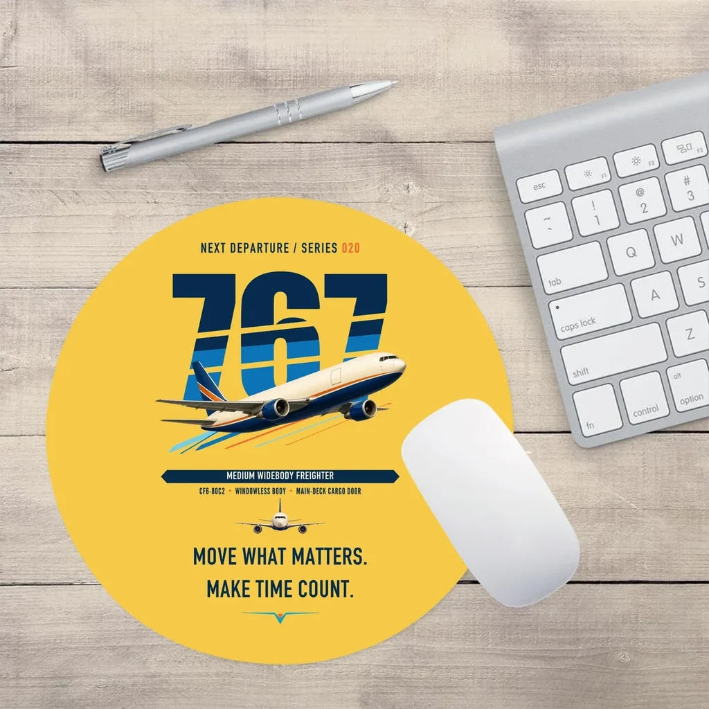 Boeing 767-300F design on yellow round mouse pad