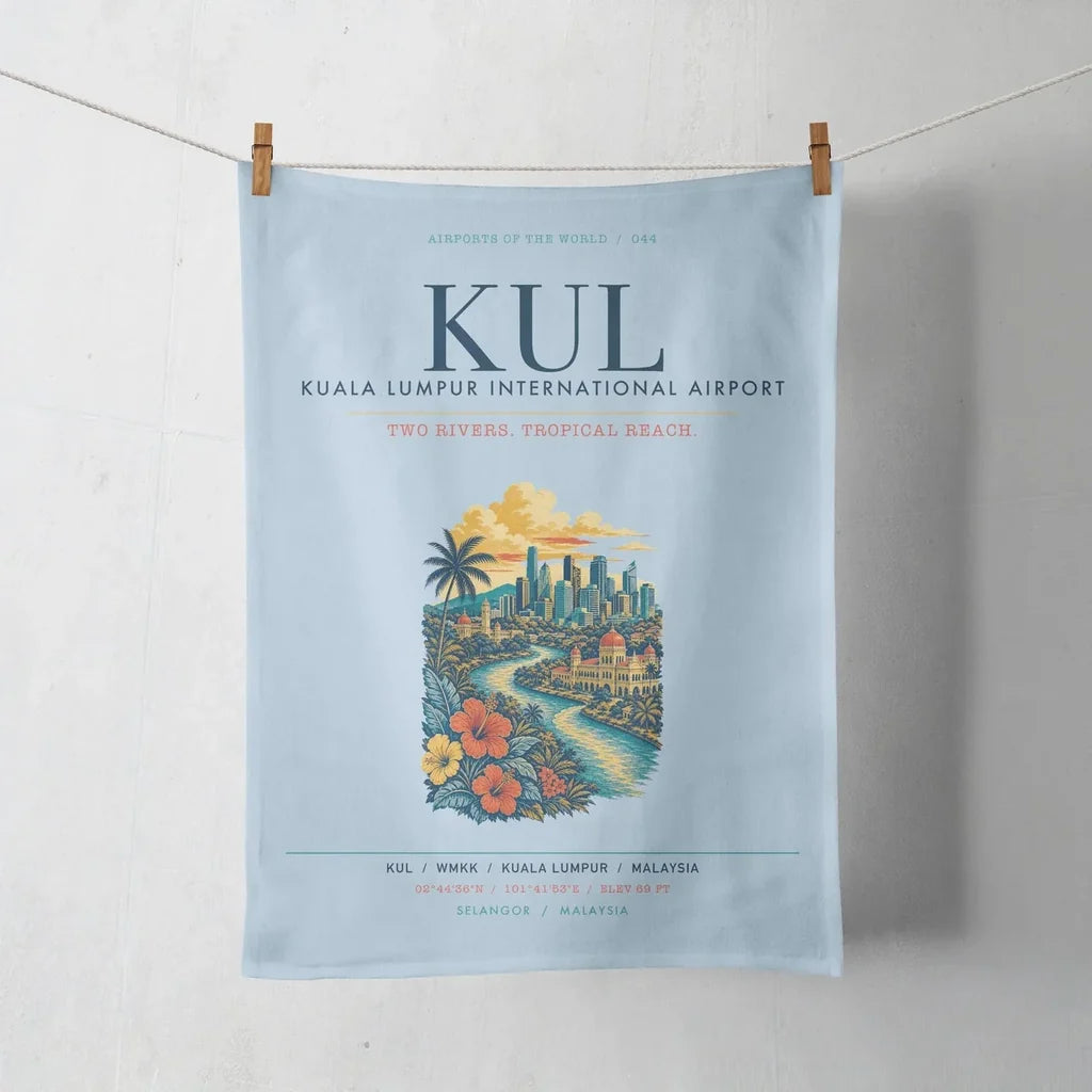 Kuala Lumpur International Airport (KUL) design on light blue towel
