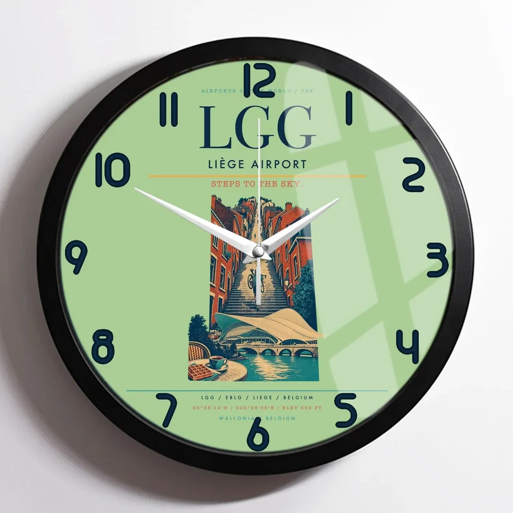 Liège Airport (LGG) design on light green framed wall clock
